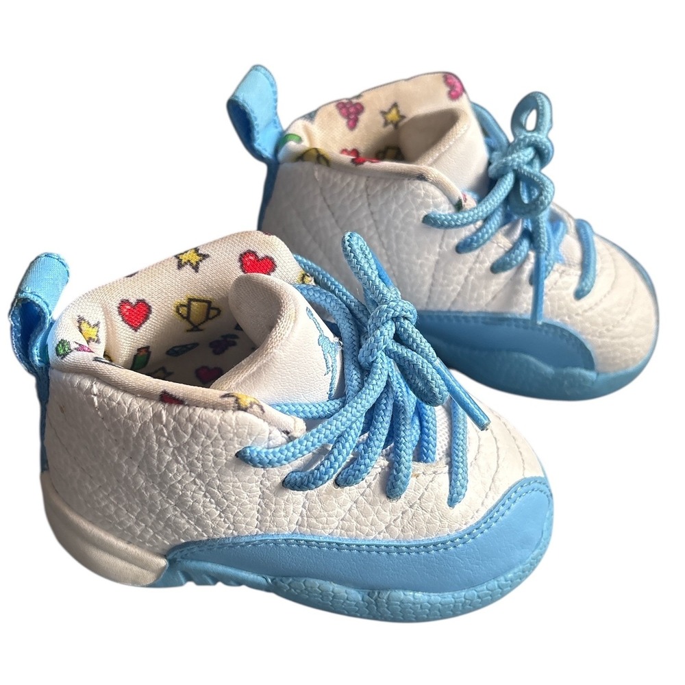 Jordan 12 Retro Emoji Sneakers, Infant Crib Shoes Size 4C, White/University Blue
